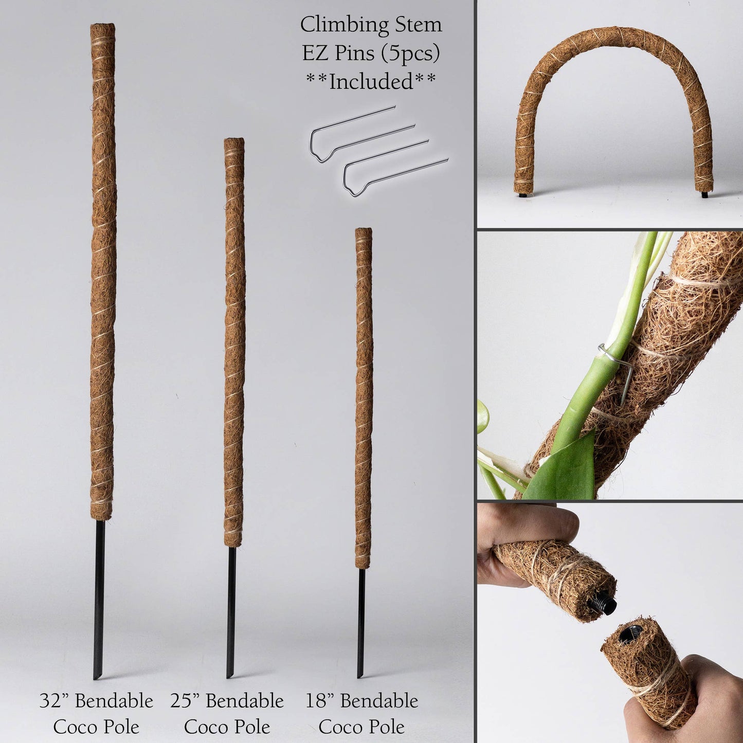 24"/32"/40 Bend & Stackable Coco Coir Pole for Plant Support: 40" Bendable Pole With Metal Stake