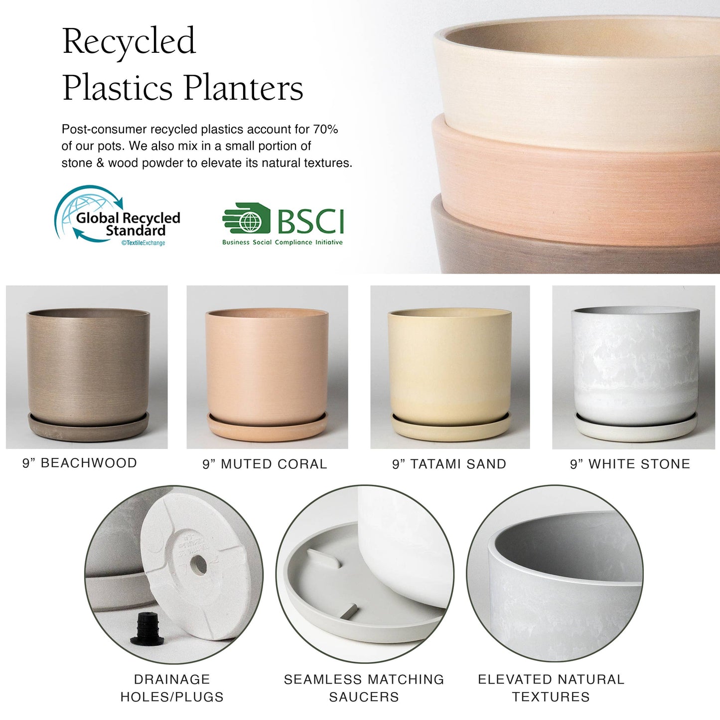 9” Signature Stone Planter & Saucer | Earth Tones: Black
