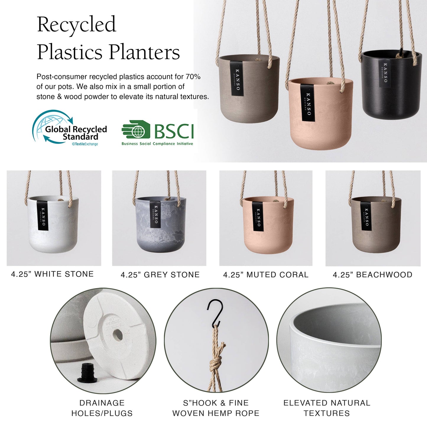 4" Signature Stone Hanging Planter Pot: Stone Grey
