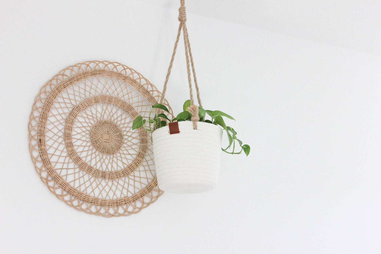 Boho Cotton Rope Hanging Planter Basket with Leather Accent: 7"