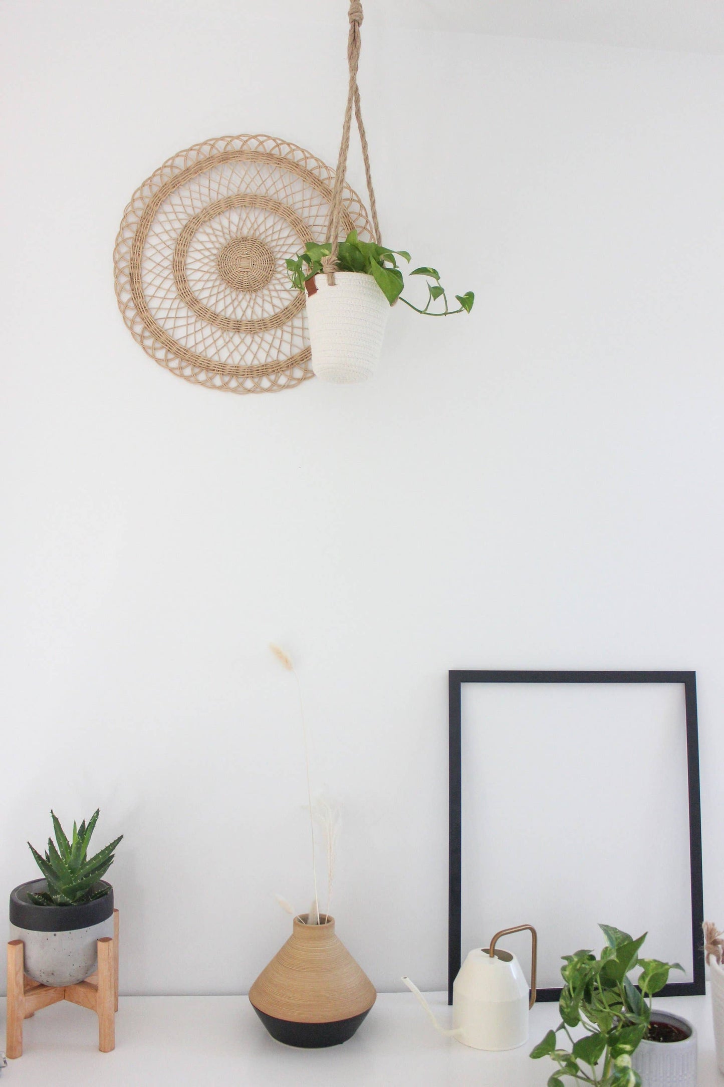 Boho Cotton Rope Hanging Planter Basket with Leather Accent: 7"