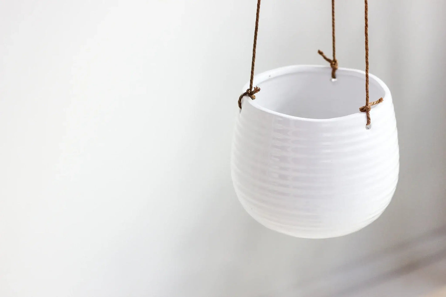Large Ribbed Glossy White Ceramic Hanging Planter Pot: 7
