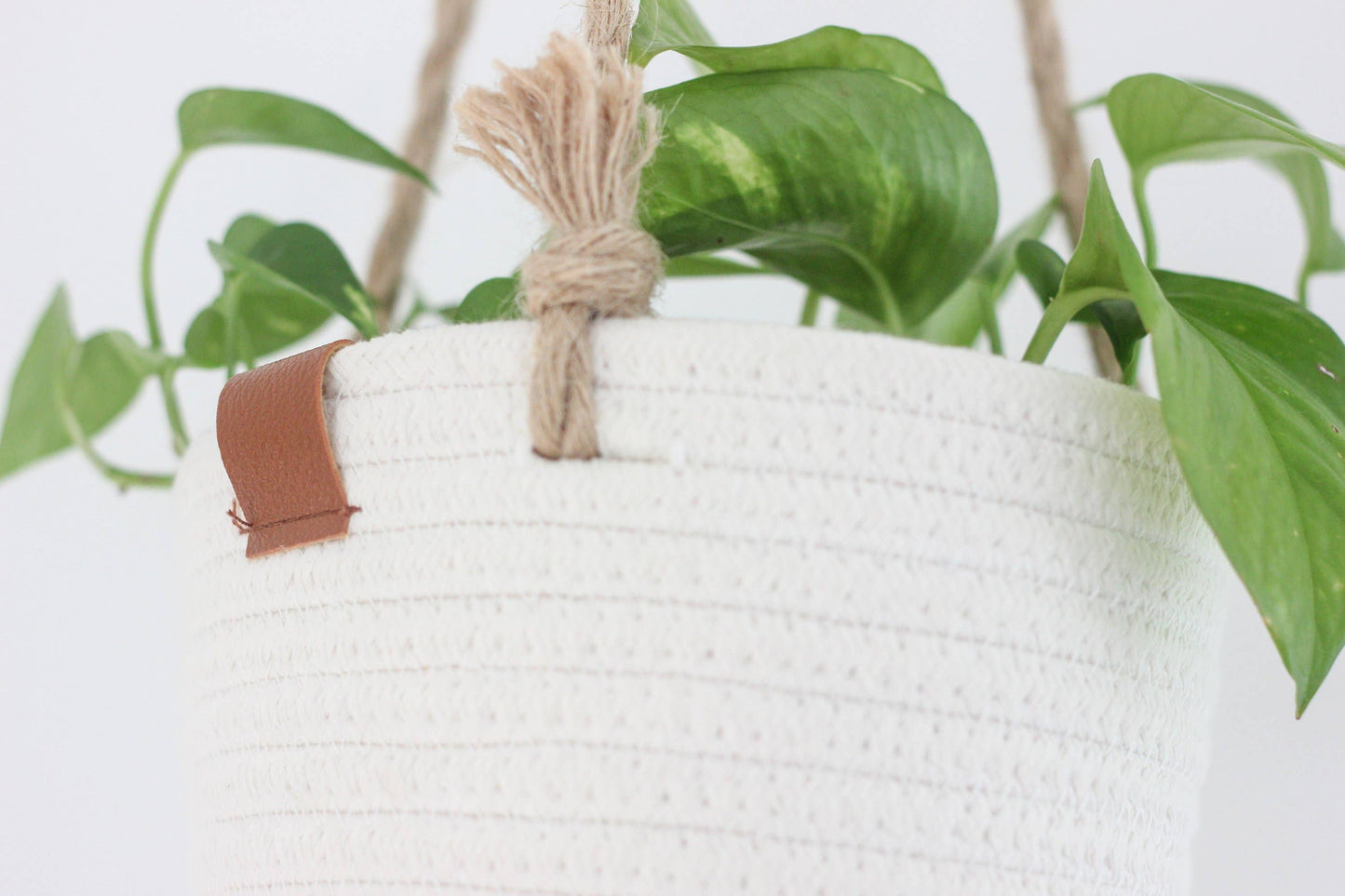 Boho Cotton Rope Hanging Planter Basket with Leather Accent: 5"