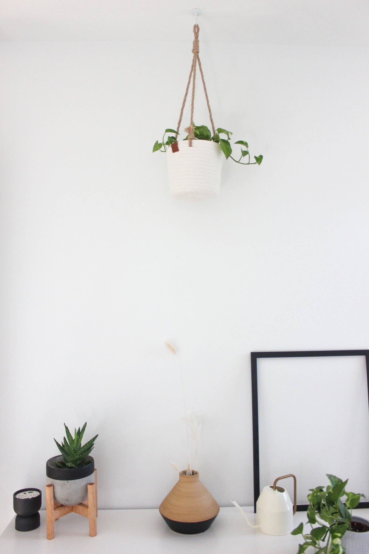 Boho Cotton Rope Hanging Planter Basket with Leather Accent: 7"