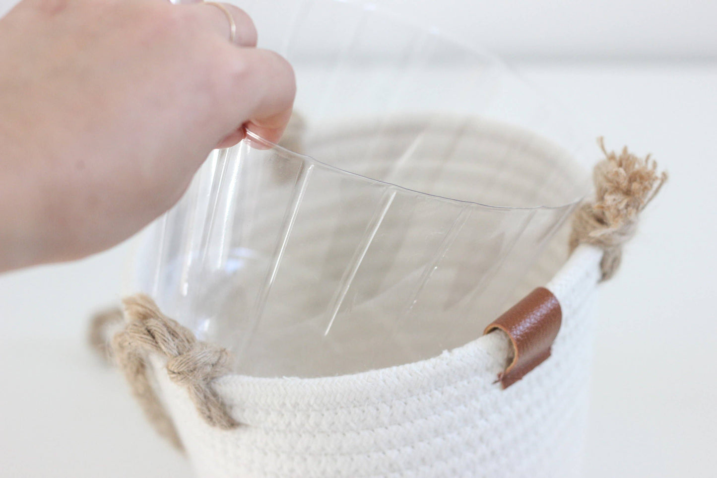 Boho Cotton Rope Hanging Planter Basket with Leather Accent: 7"
