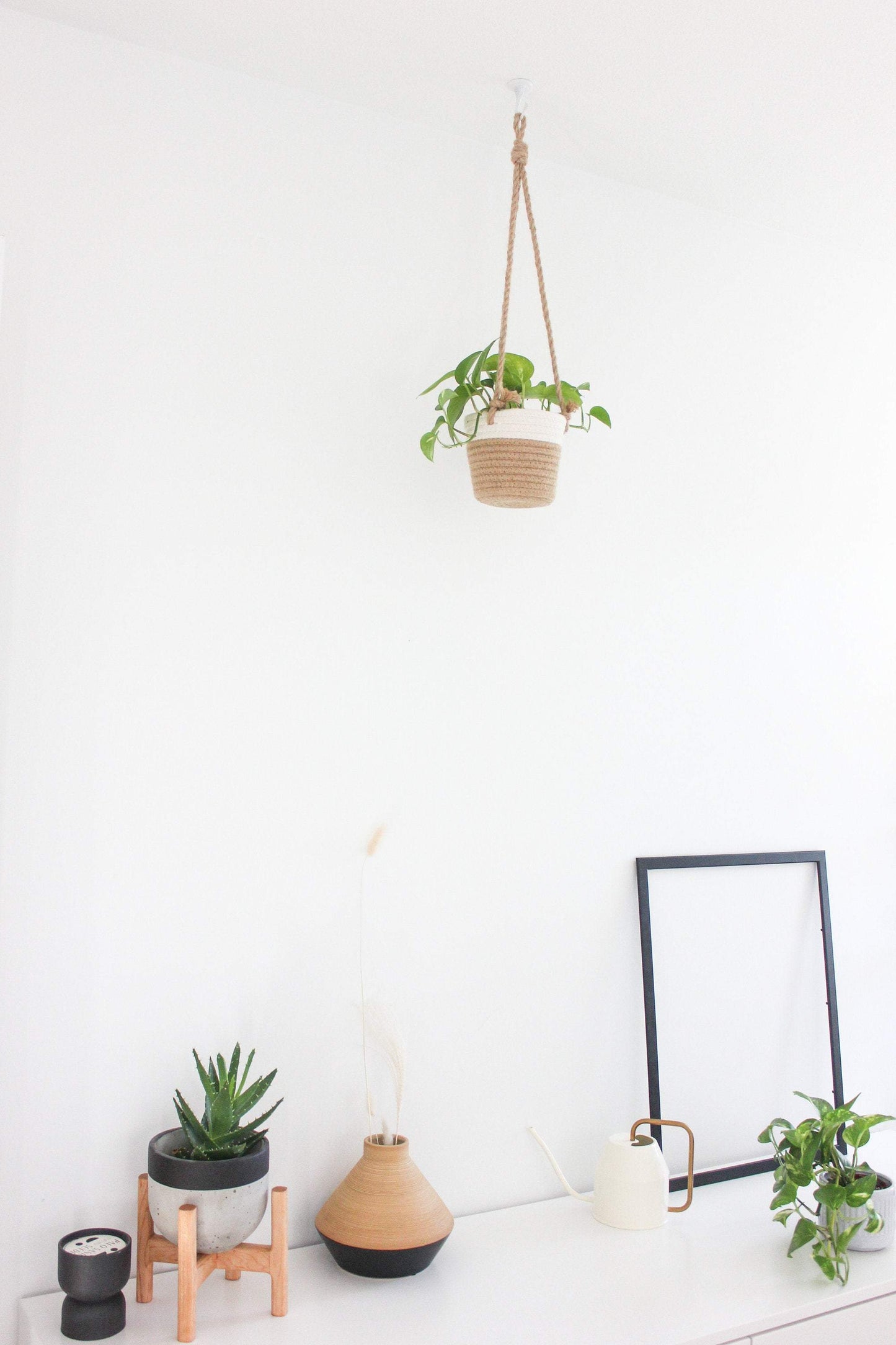 Medium Beige and White Cotton Rope Hanging Planter Basket: 7"
