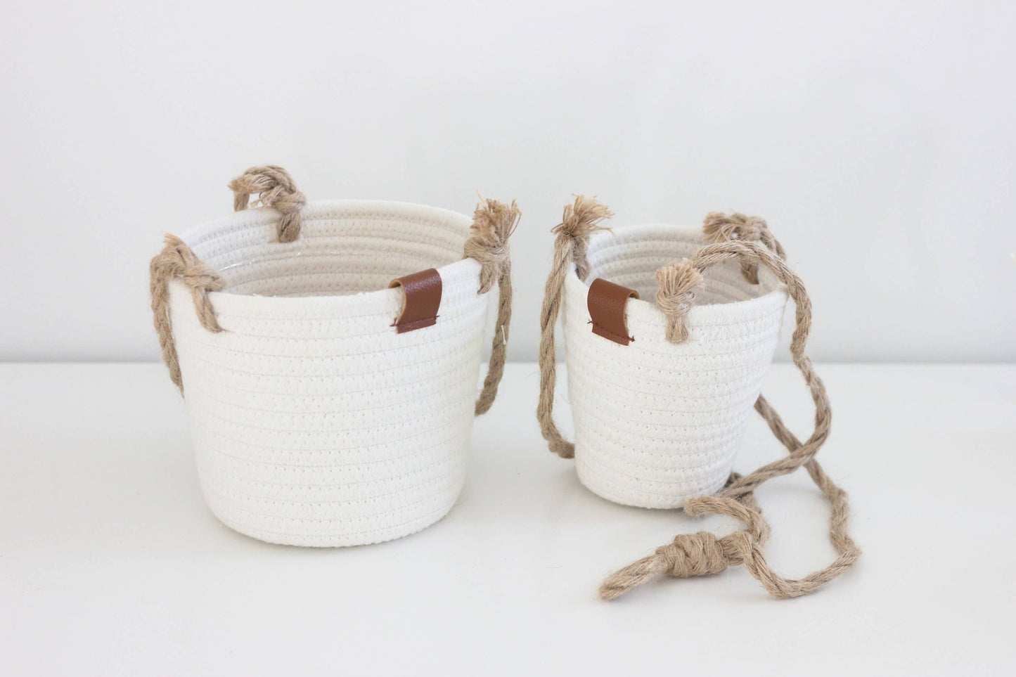 Boho Cotton Rope Hanging Planter Basket with Leather Accent: 7"