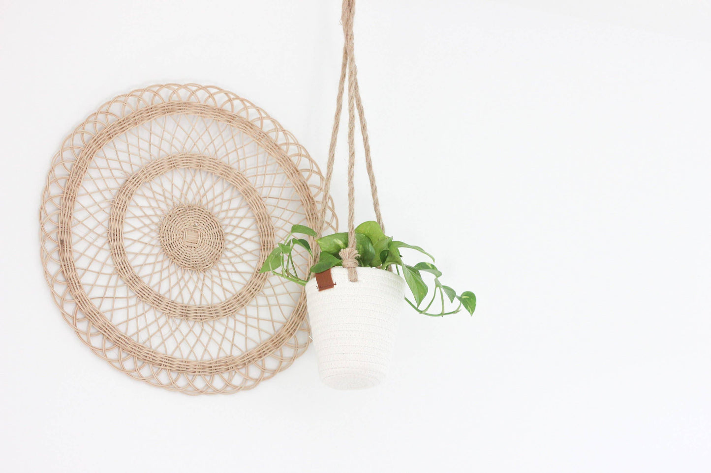 Boho Cotton Rope Hanging Planter Basket with Leather Accent: 7"