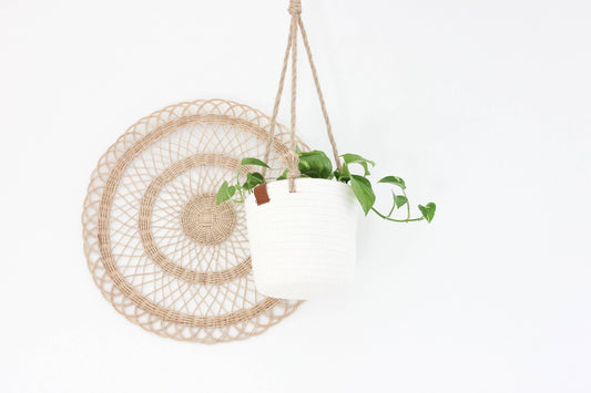 Boho Cotton Rope Hanging Planter Basket with Leather Accent: 7"
