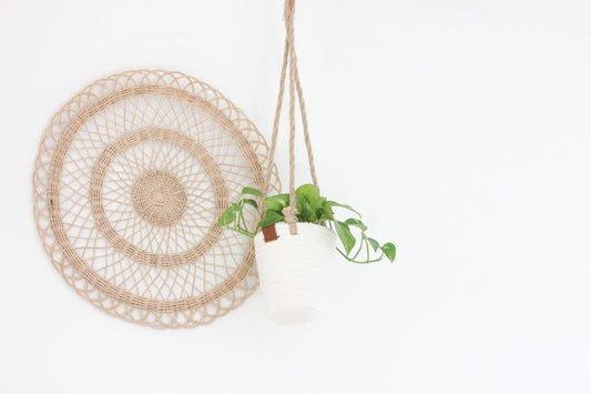 Boho Cotton Rope Hanging Planter Basket with Leather Accent: 5"